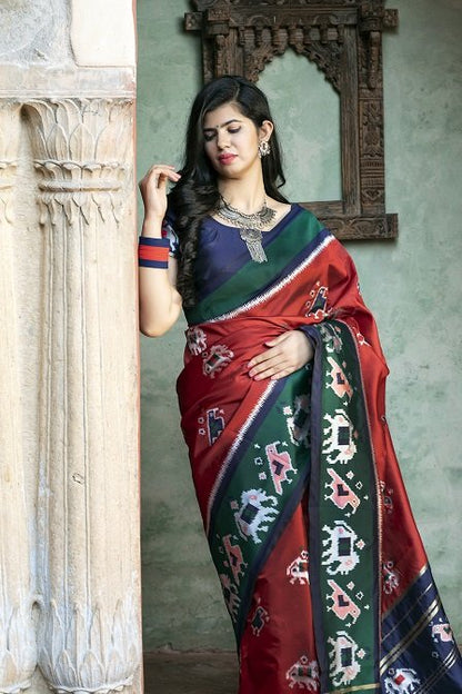 Red Color Patola Silk Exclusive Saree with Unstitched Blouse