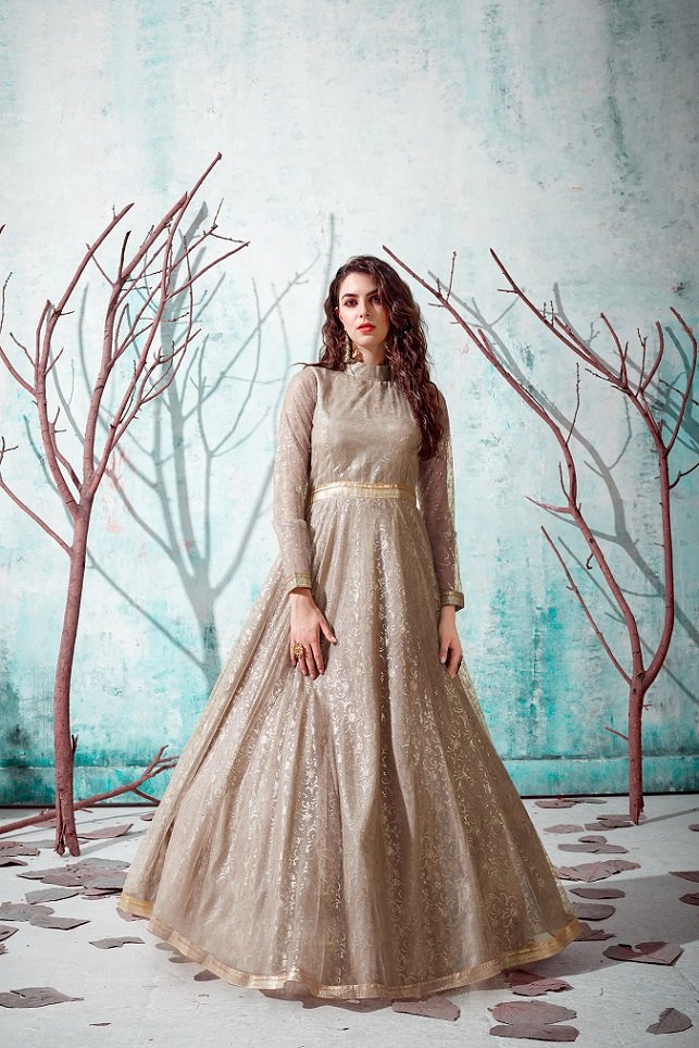 Beige Color Exclusive Designer Foil Printed Gown Collection