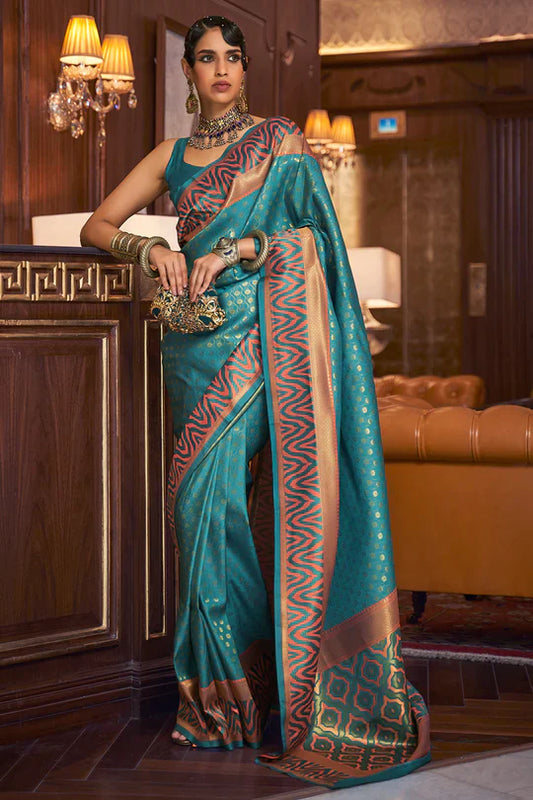 Teal Blue And Brown Kanjivaram Saree