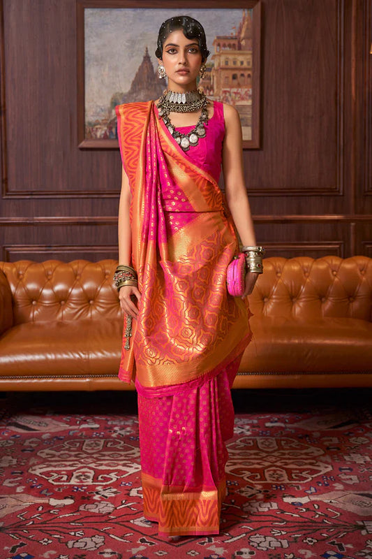 Stylish Pink Colour Handloom Zari Weaving Saree