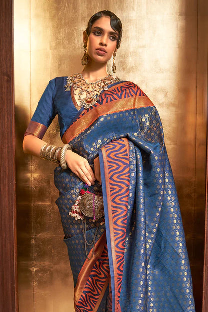 Stylish Blue Colour Handloom Zari Weaving Saree