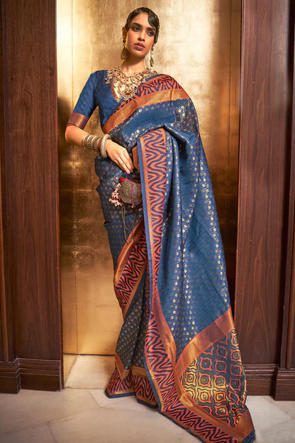 Stylish Blue Colour Handloom Zari Weaving Saree