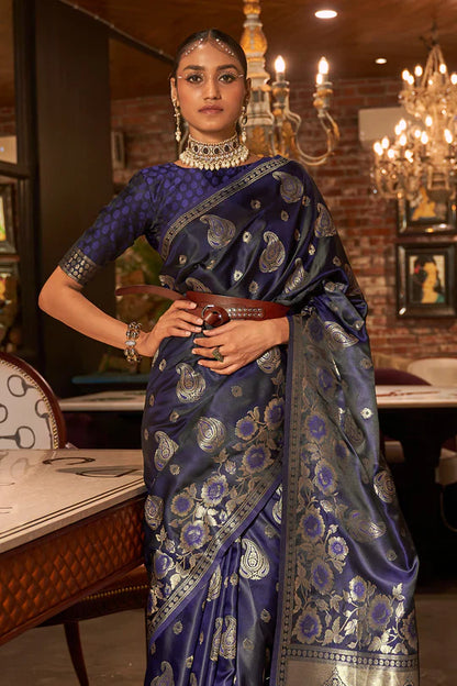 Midnight Blue Pure Satin Handloom Weaving Saree