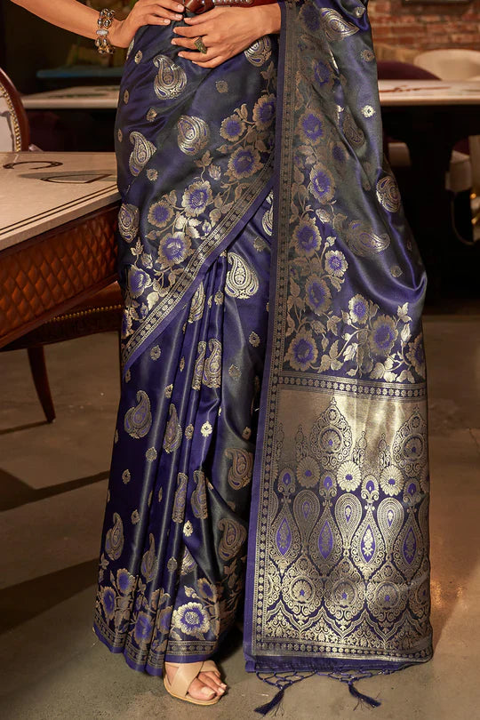 Midnight Blue Pure Satin Handloom Weaving Saree