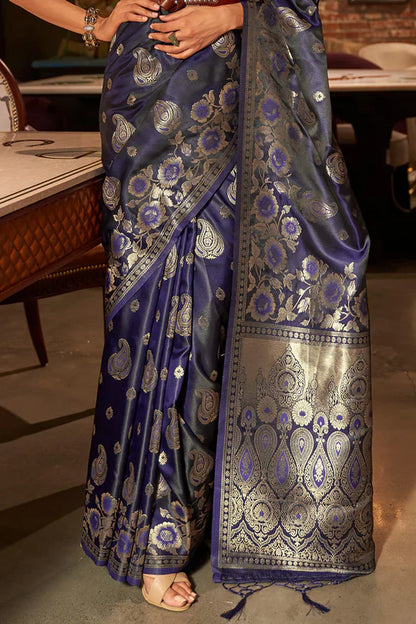 Midnight Blue Pure Satin Handloom Weaving Saree