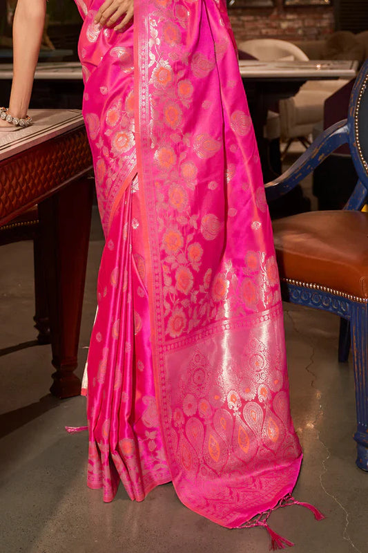 Fuscia Pink Pure Satin Handloom Weaving Saree