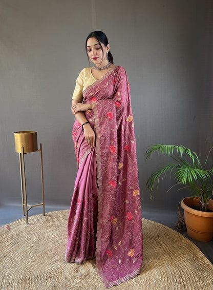 Lavender Color Tussar Silk Saree with Floral Embroidery Jaal Work Saree