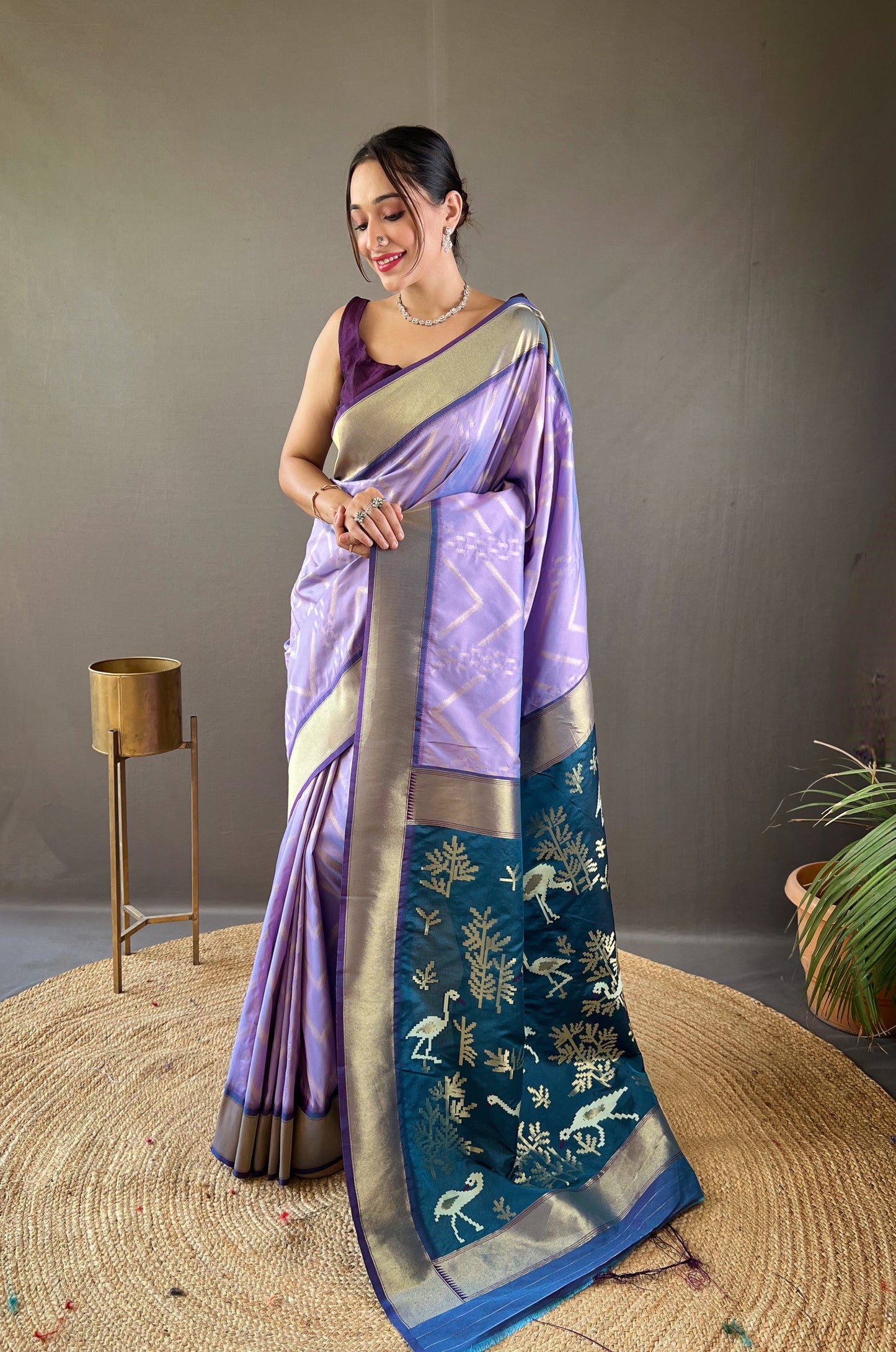 Lavender Zig Zag Viscose Zari Design Soft Banarasi Silk Saree