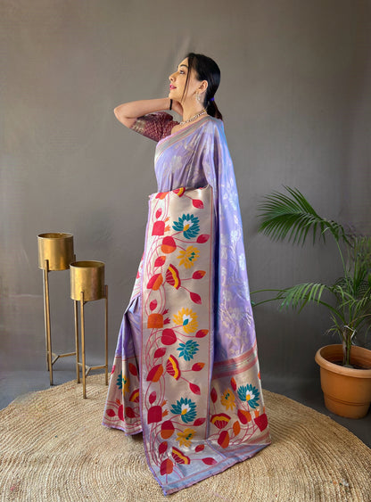 Lavender Pure Soft Paithani Silk Saree