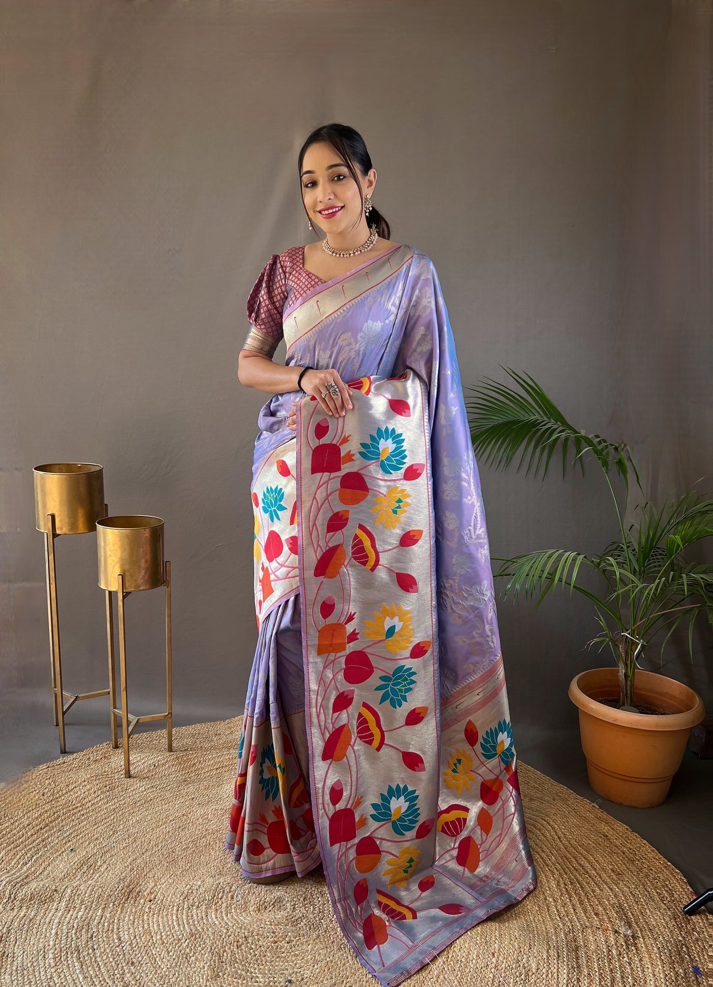 Lavender Pure Soft Paithani Silk Saree