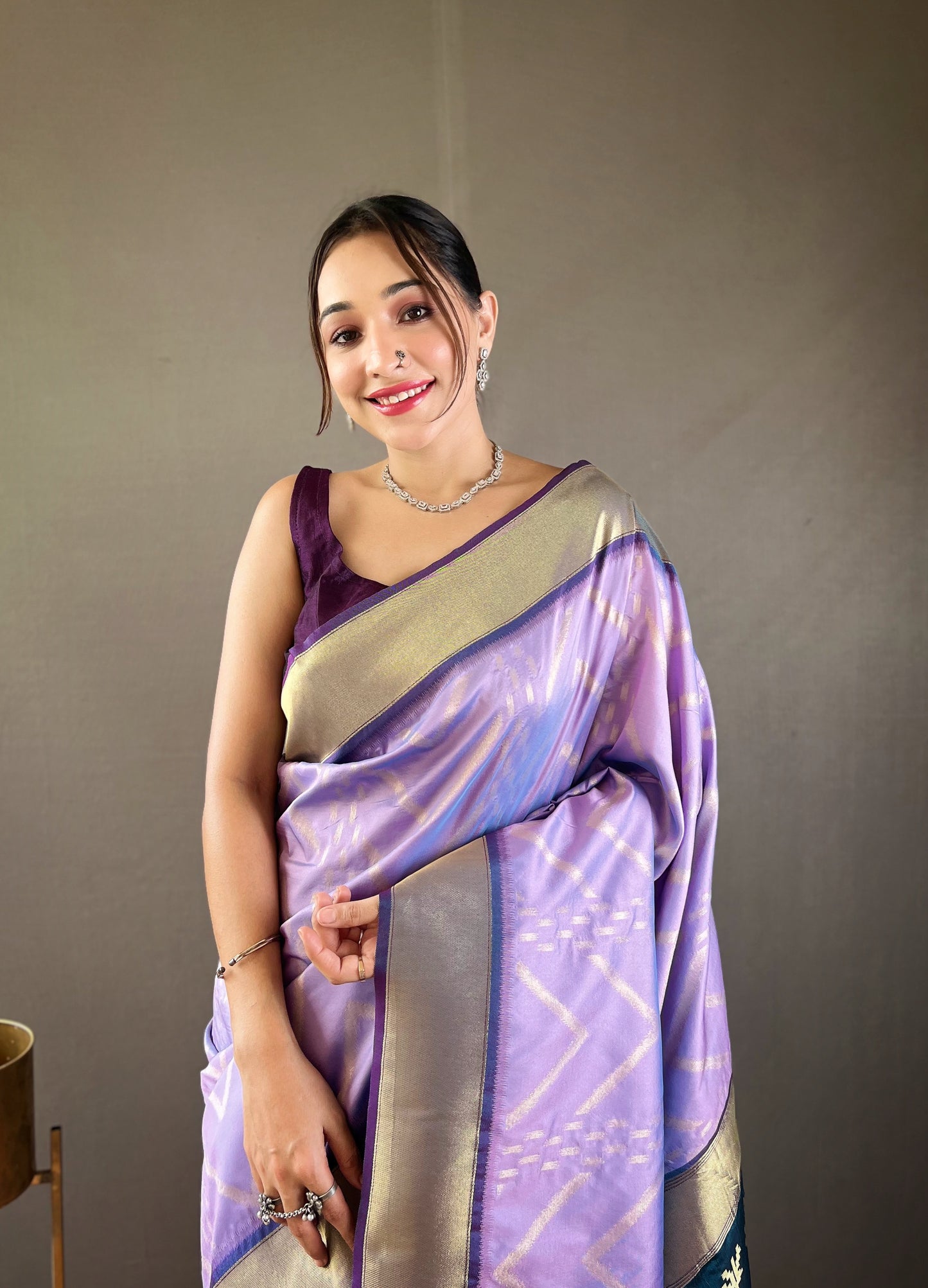 Lavender Zig Zag Viscose Zari Design Soft Banarasi Silk Saree