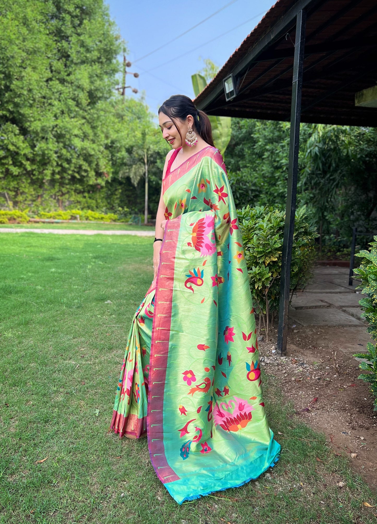 LIME GREEN PURE PAITHANI WITH ALL OVER ZARI AND MEENAKARI WEAVES SAREE