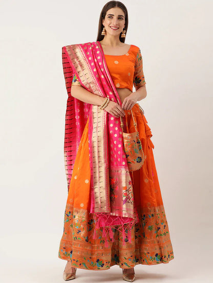 ORANGE COLOR JACQUARD (PAITHANI) ZARI WORK SEMI STITCHED LEHENGA CHOLI WITH JACQUARD DUPATTA