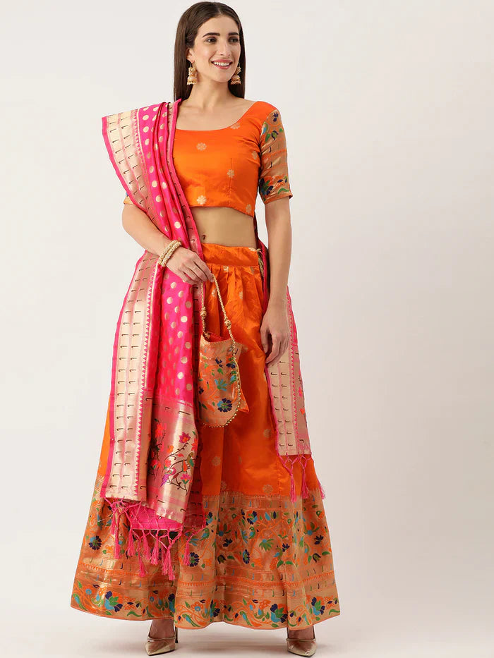 ORANGE COLOR JACQUARD (PAITHANI) ZARI WORK SEMI STITCHED LEHENGA CHOLI WITH JACQUARD DUPATTA