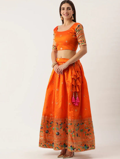 ORANGE COLOR JACQUARD (PAITHANI) ZARI WORK SEMI STITCHED LEHENGA CHOLI WITH JACQUARD DUPATTA