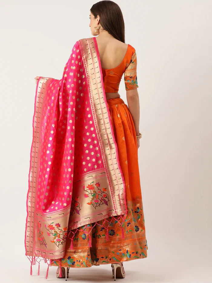 ORANGE COLOR JACQUARD (PAITHANI) ZARI WORK SEMI STITCHED LEHENGA CHOLI WITH JACQUARD DUPATTA