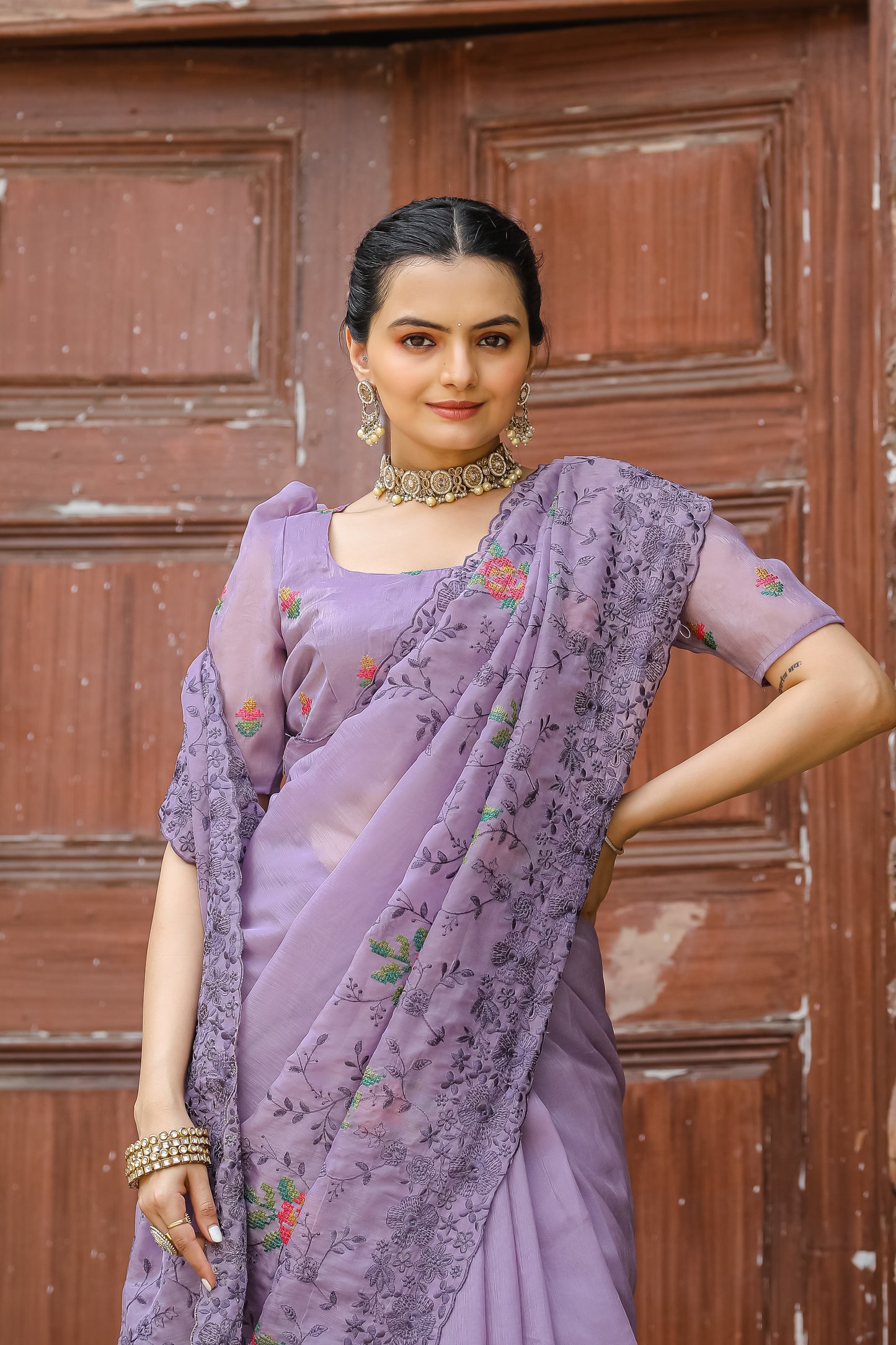 Dusty Lavender Chiffon Saree With Flower Embroidery And Cut work