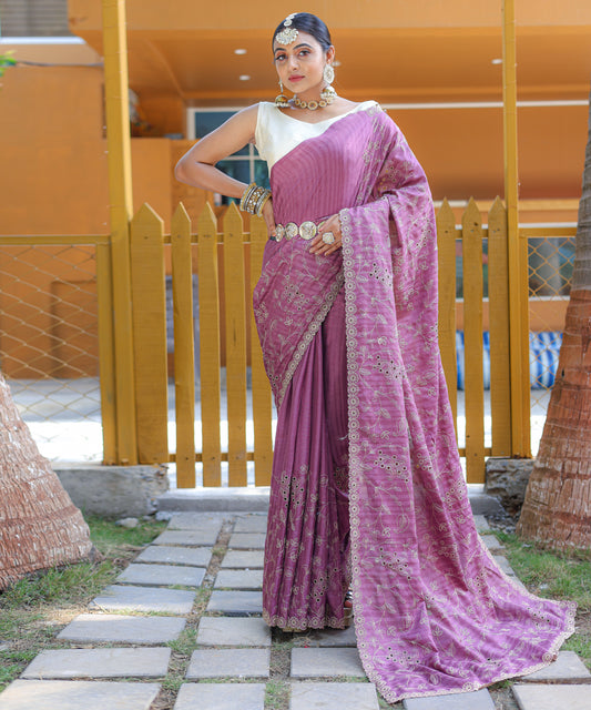 Onion Pink Aaisha Tussar Silk Embroidered Saree