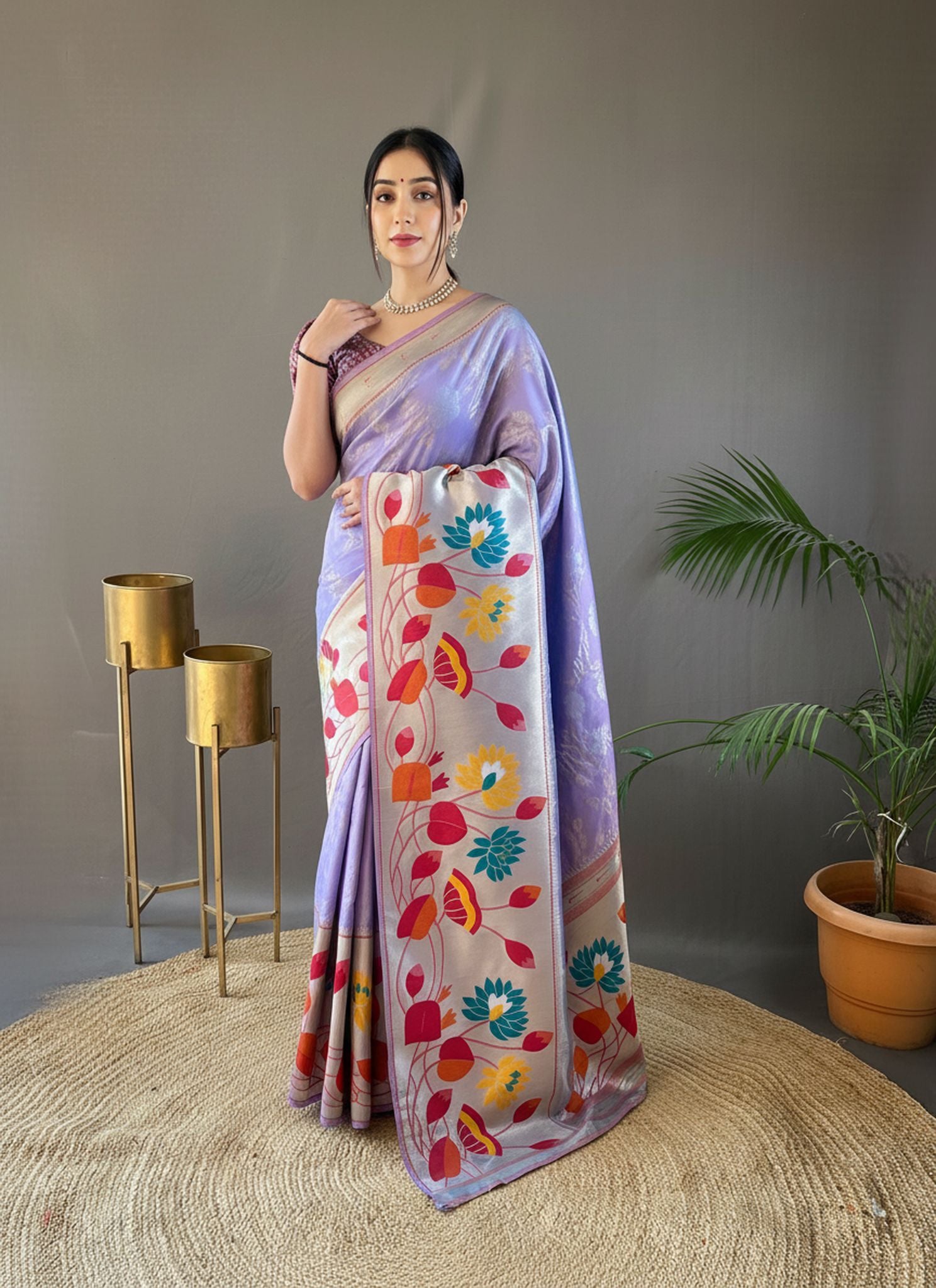 Lavender Purple Pure Soft Silk Woven Paithani Saree With Colorful Floral Jaal & Silver Border