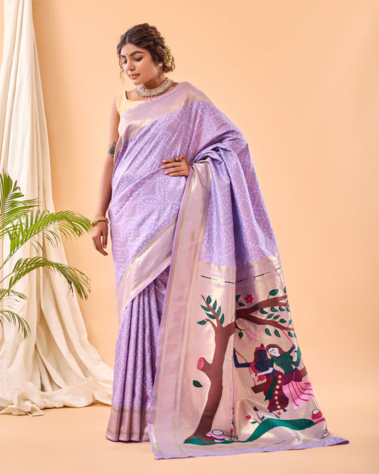 Lavender Bandhej Original Paithani Silk Woven Saree