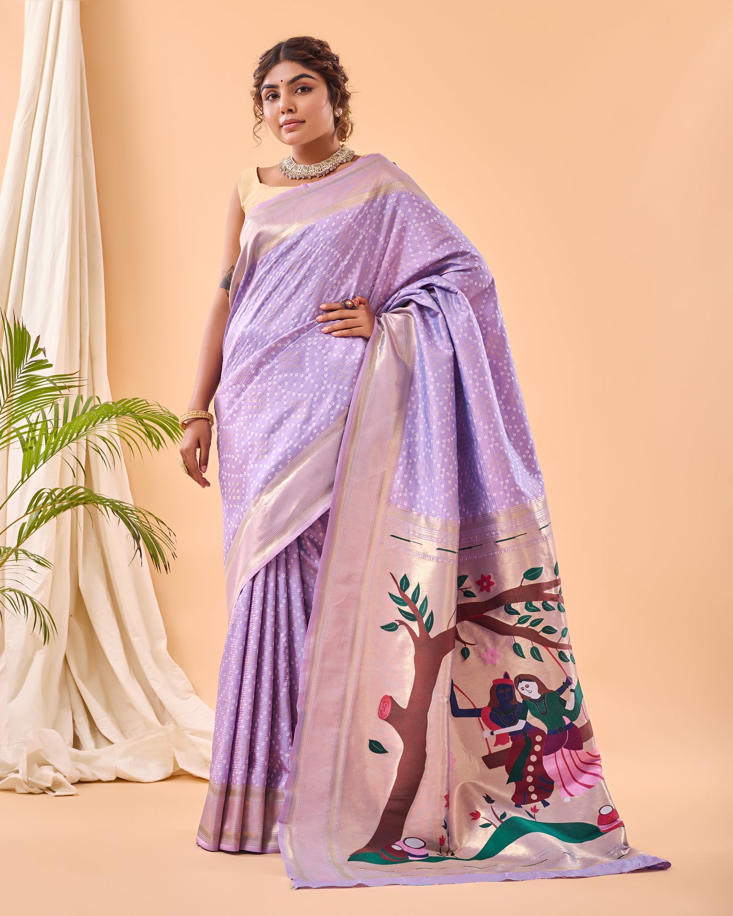 Lavender Bandhej Original Paithani Silk Woven Saree