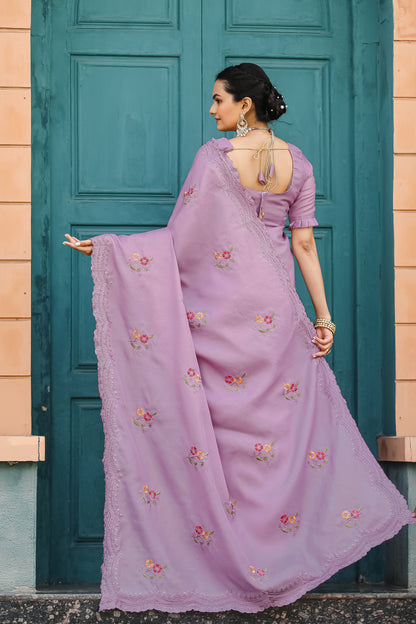 Lavender Tussar Cotton Floral And Sequins Embroidery Work Saree