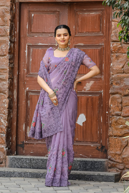 Lavender Pure Shiny Zari Chiffon Saree With Beautiful Embroidory Work