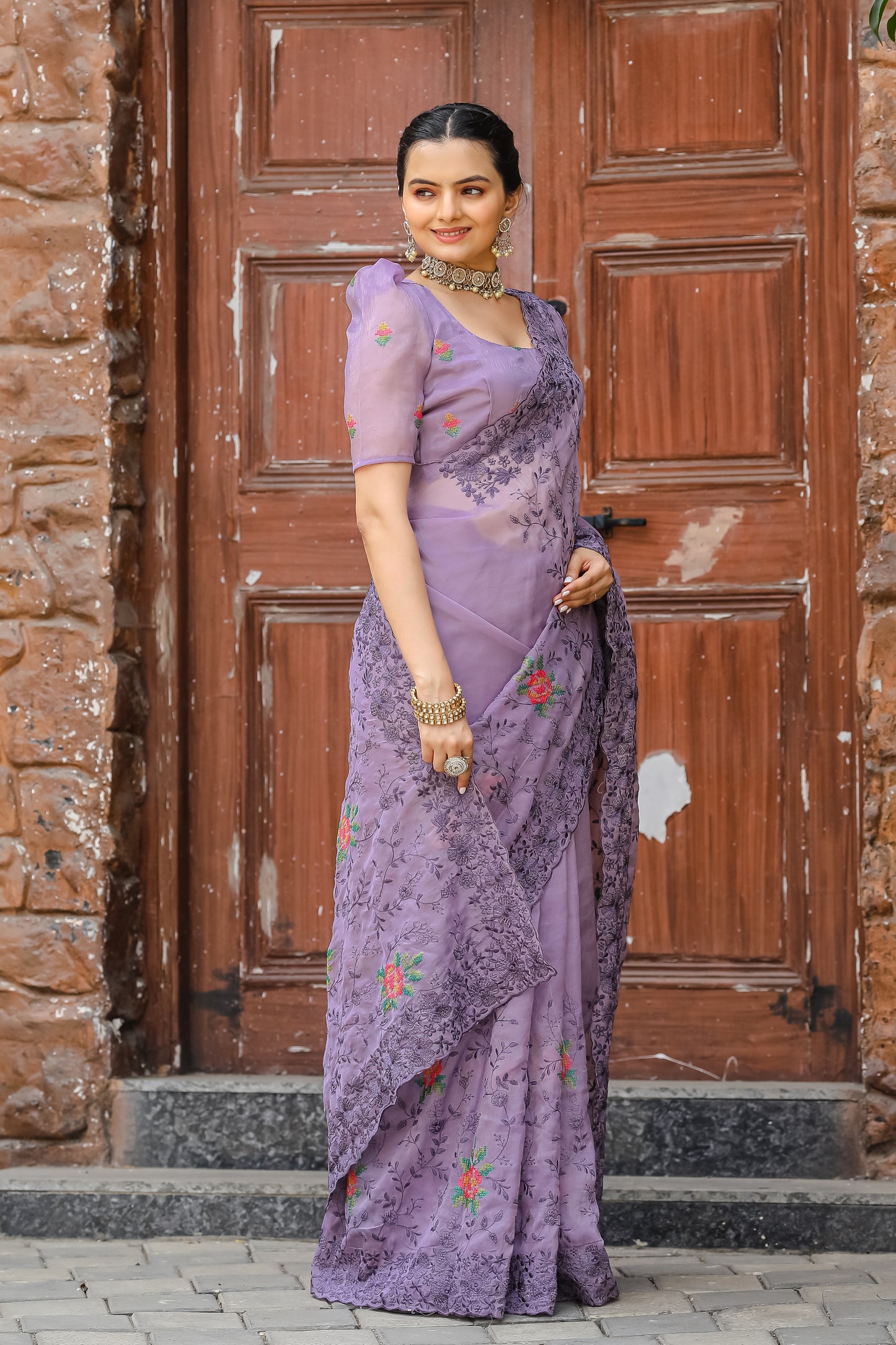 Dusty Lavender Chiffon Saree With Flower Embroidery And Cut work