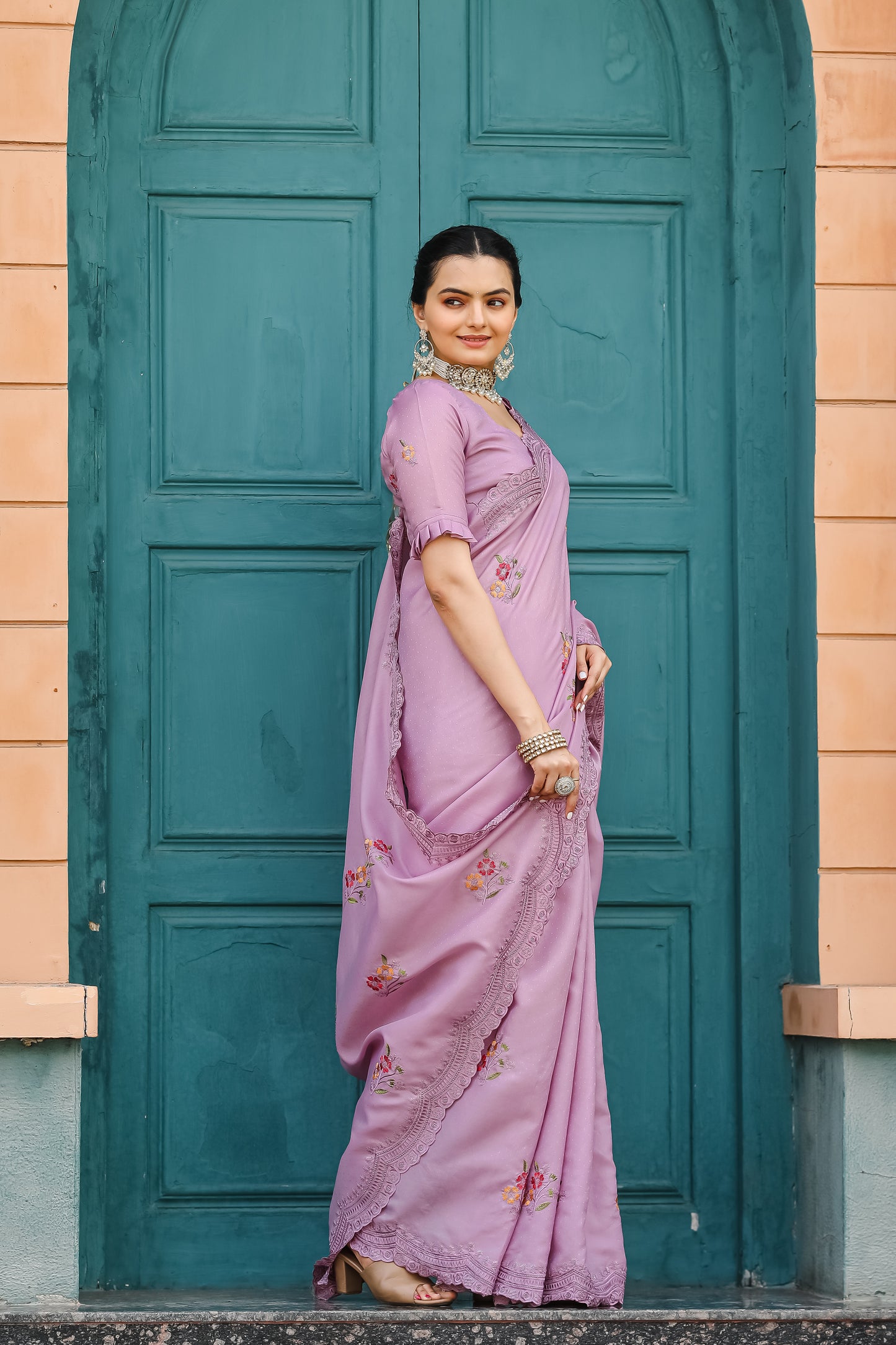 Lavender Tussar Cotton Floral And Sequins Embroidery Work Saree