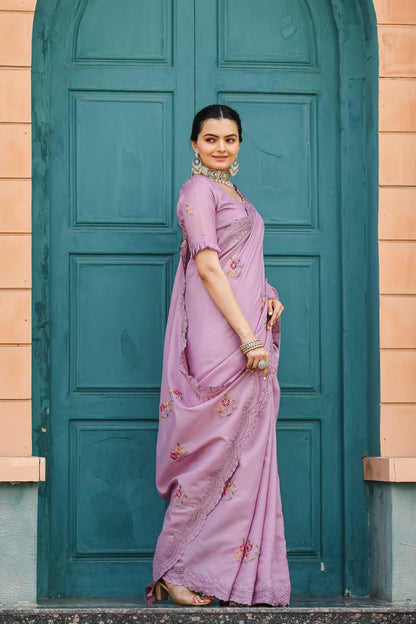 Lavender Tussar Cotton Floral And Sequins Embroidery Work Saree