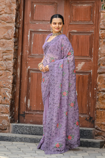 Dusty Lavender Chiffon Saree With Flower Embroidery And Cut work