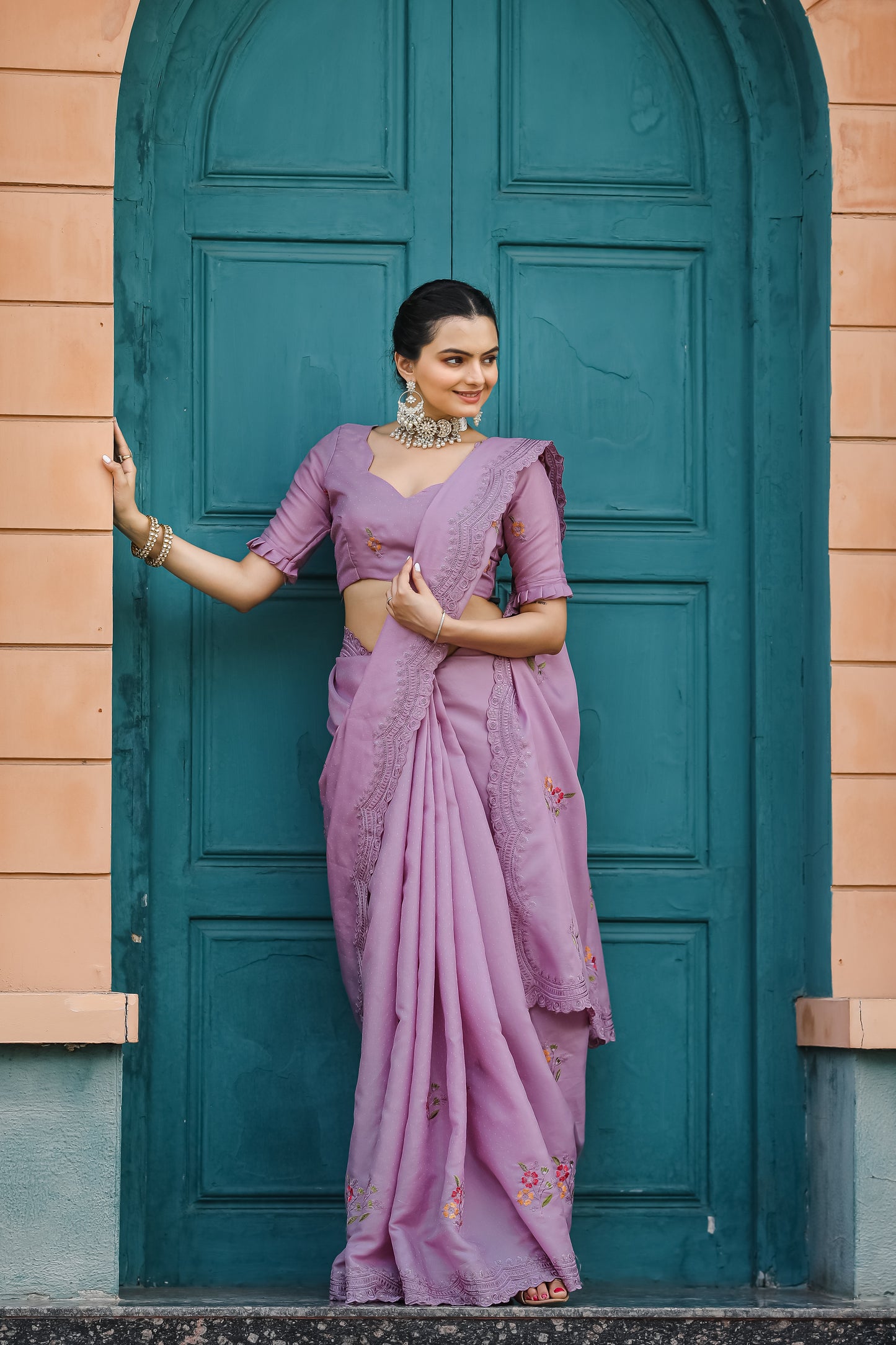Lavender Tussar Cotton Floral And Sequins Embroidery Work Saree