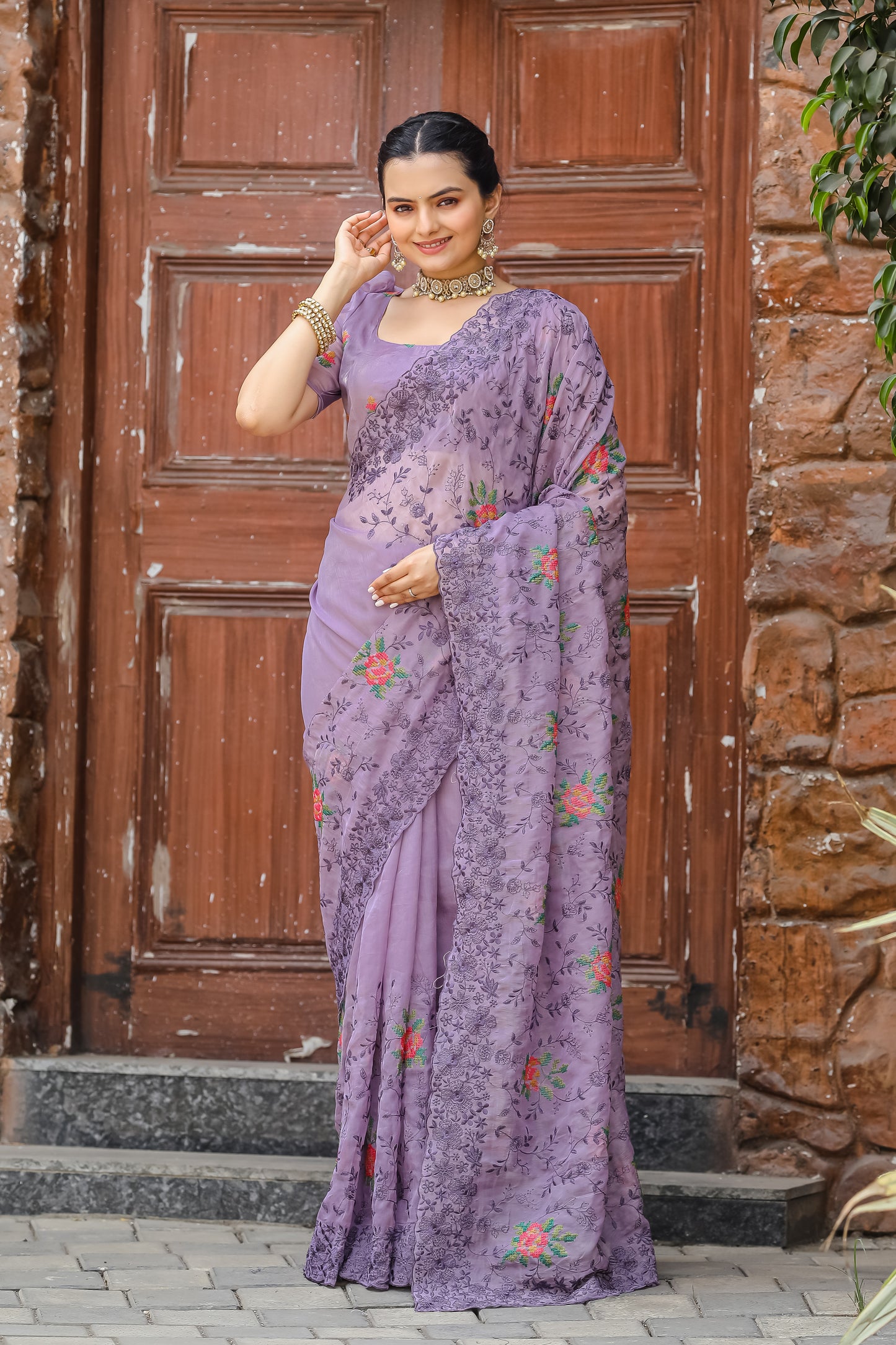 Dusty Lavender Chiffon Saree With Flower Embroidery And Cut work