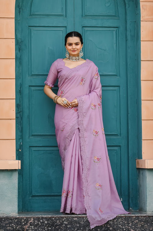 Lavender Tussar Cotton Floral And Sequins Embroidery Work Saree