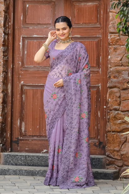 Lavender Pure Shiny Zari Chiffon Saree With Beautiful Embroidory Work