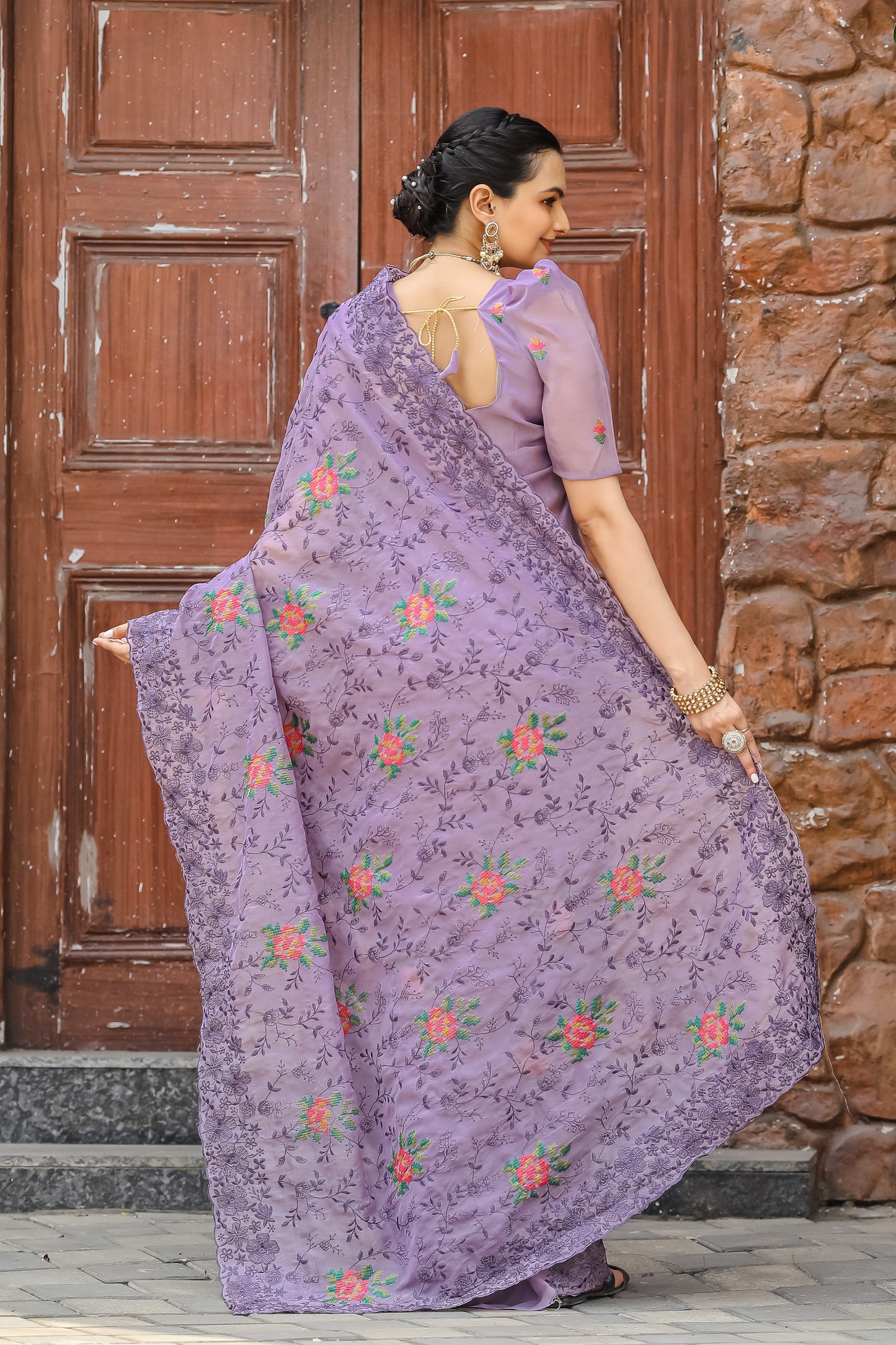 Dusty Lavender Chiffon Saree With Flower Embroidery And Cut work