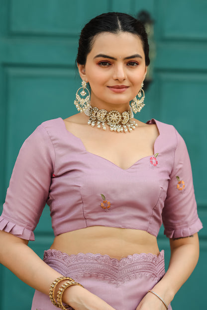 Lavender Tussar Cotton Floral And Sequins Embroidery Work Saree