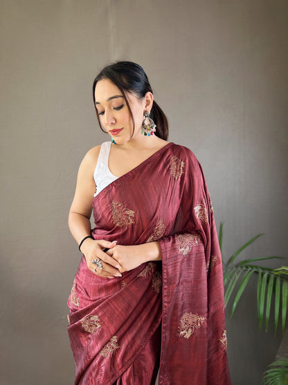 Maroon Color Embroidered Soft Silk Saree