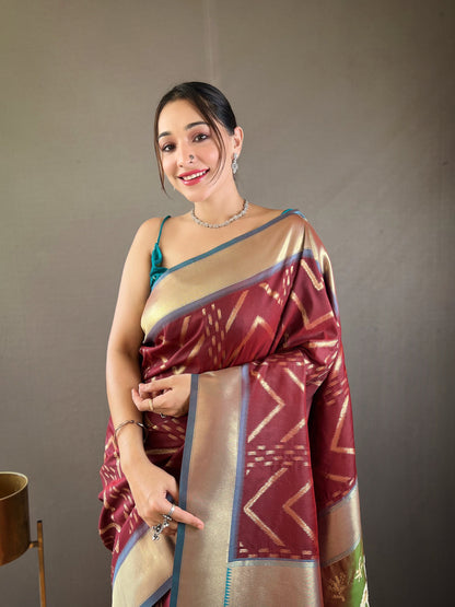 Maroon Zig Zag Viscose Zari Design Soft Banarasi Silk Saree