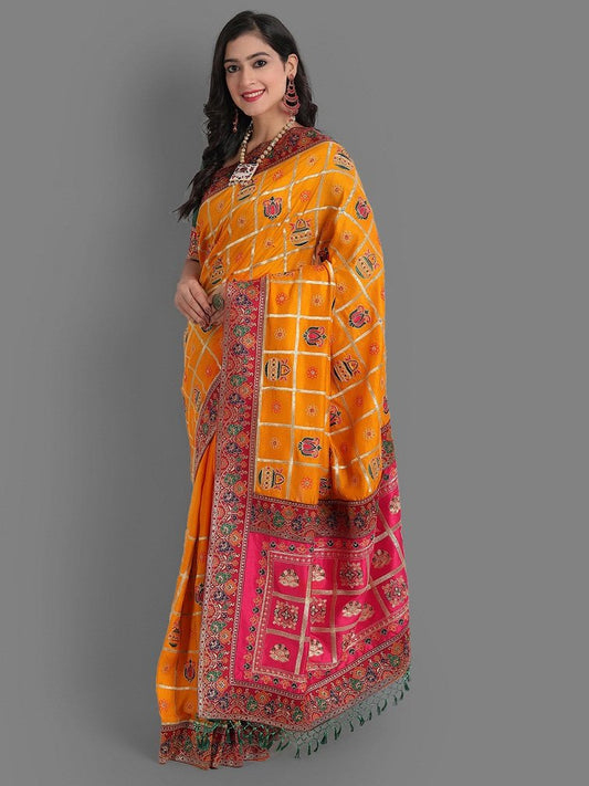 Yellow and Pink Beautiful Designer Panetar Silk Saree