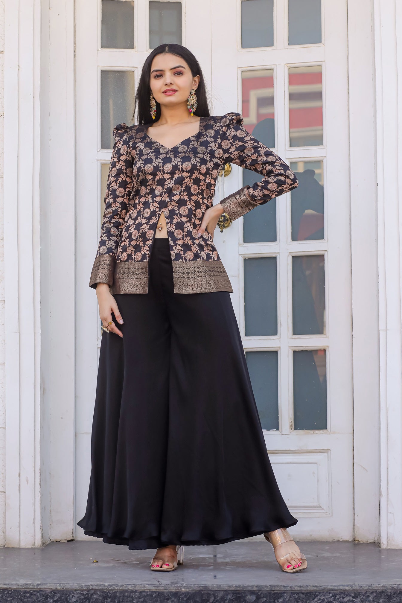 Black Color Long Sleeves V Neck Top with Palazzo Set