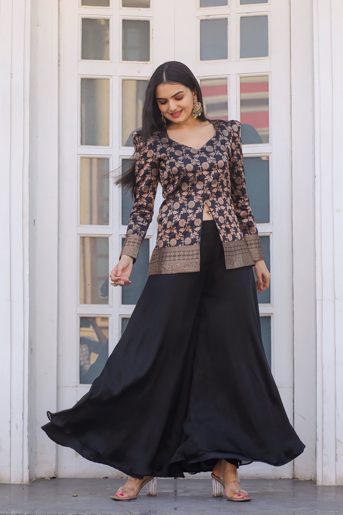 Black Color Long Sleeves V Neck Top with Palazzo Set