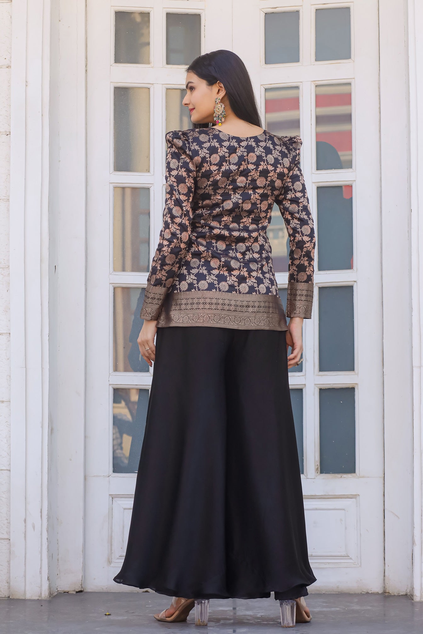 Black Color Long Sleeves V Neck Top with Palazzo Set