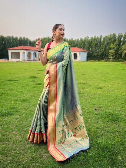 Mehandi New Concept Paithani Silk Woven Saree