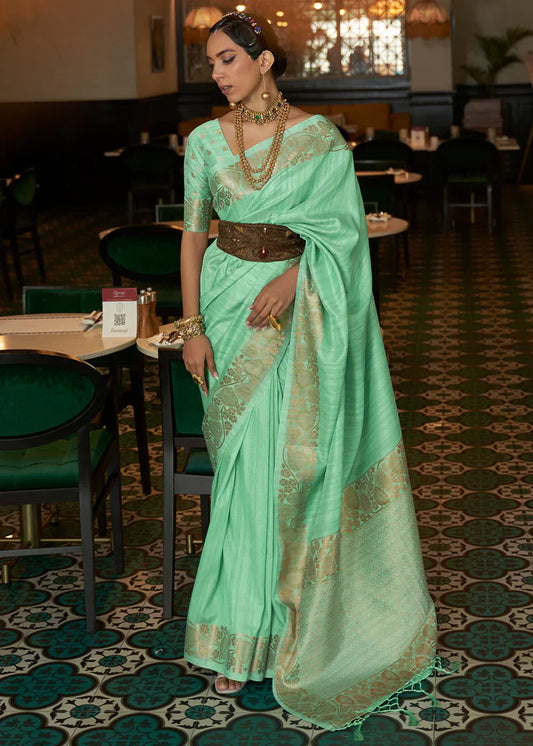 De York Green Zari Woven Tussar Silk Saree