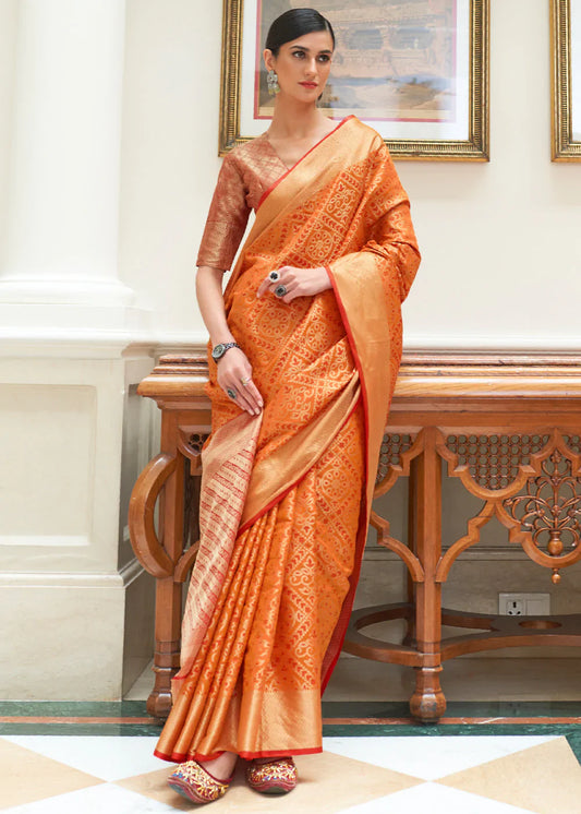 Flame Pea Orange Woven Patola Silk Saree