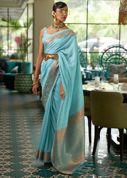 Powder Blue Zari Woven Tussar Silk Saree