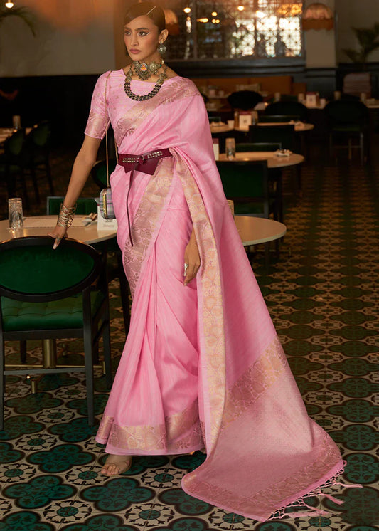 Pastel Pink Zari Woven Tussar Silk Saree