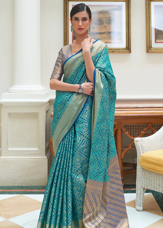 Water Leaf Blue Woven Patola Silk Saree