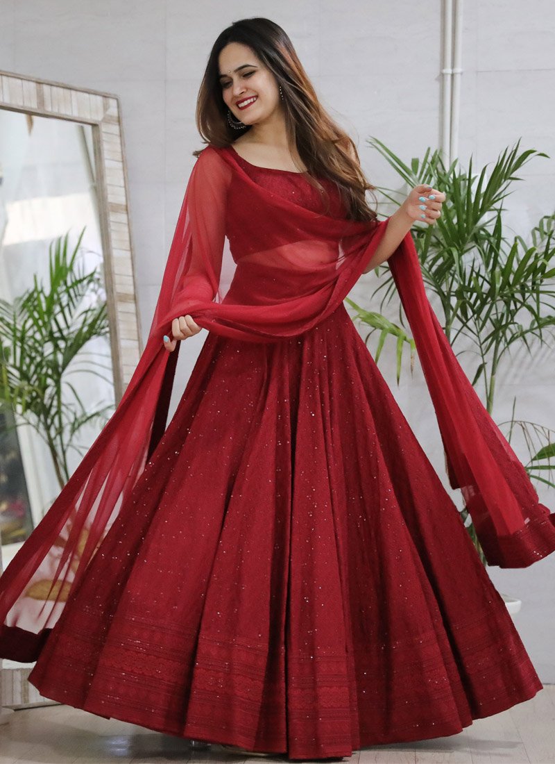 Maroon Anarkali Lucknowi Chikankari Work Lehenga